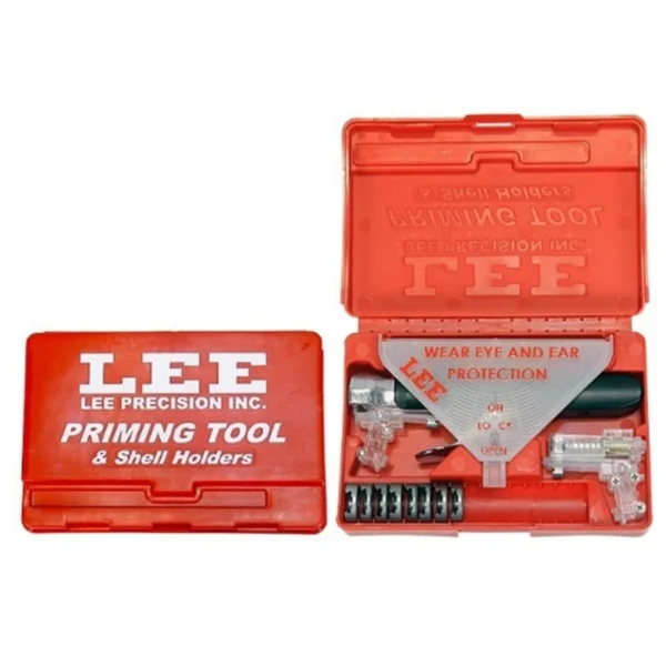 Lee Auto Prime Kit with Storage Box, priming tool components displayed in open red cases