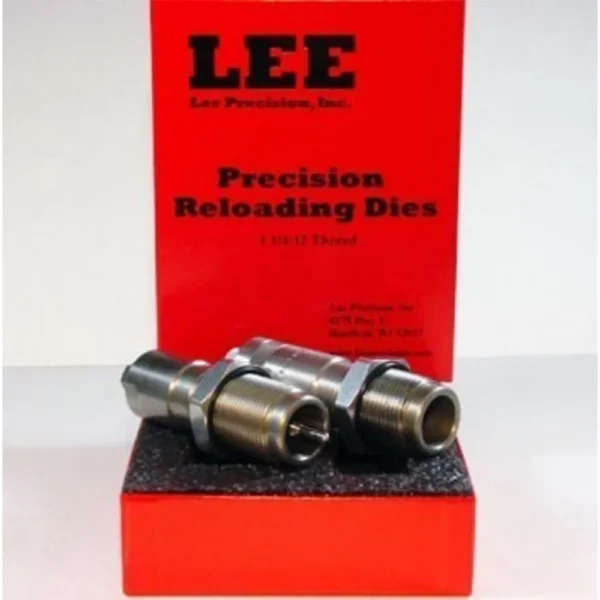 Lee Full-Length 2-Die Set, two silver reloading dies displayed in front of a red Lee box