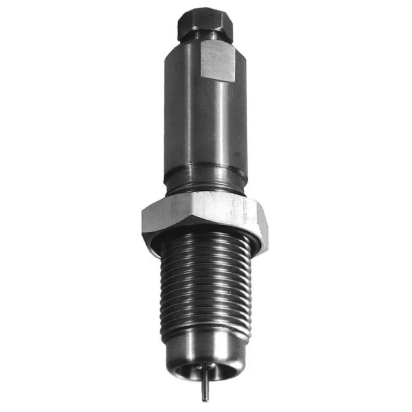Lee Decapping Die, silver metal die shown upright with threaded body and central pin