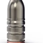 Lee Round Nose Rifle Mould, silver round-nose cast bullet with grooved body, front view