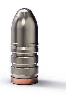 primary-39381 Lee Round Nose Rifle Mould, silver round-nose cast bullet with grooved body, front view