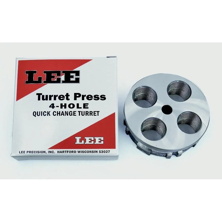 primary-39383 Lee 4 Hole Turret, top view of silver four-hole turret beside branded box