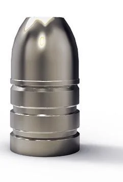Lee Round Flat Nose Rifle Mould, silver cast projectile in close front view