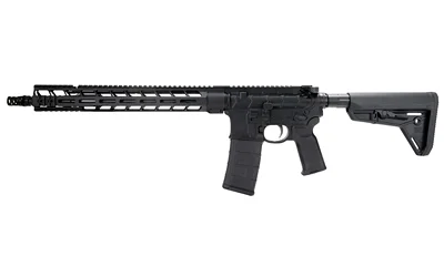 Primary Weapons Systems PWS MK116 MOD2-M black rifle, right-side view with magazine and adjustable stock