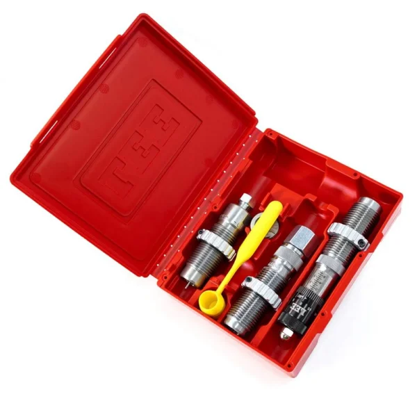Lee 458 Socom Micrometer Full Length Sizing 3-Die Set in an open red case with yellow tool