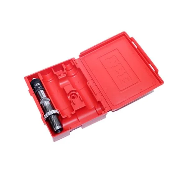 primary-39488 Lee 4 Die Storage Case, open red plastic case with molded compartments and dies
