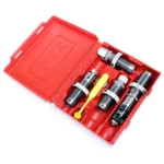Lee 380 Auto Deluxe Carbide 4-Die Micrometer Set in open red case, top view