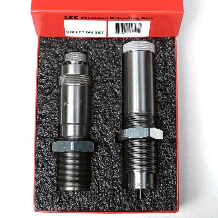 primary-39535 Lee Collet 2-Die Set .338 Lapua, top view of two steel dies in a red foam-lined case