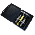 Lee 308 Winchester Pacesetter 3-Die Set, three metal dies and yellow tools in an open black case