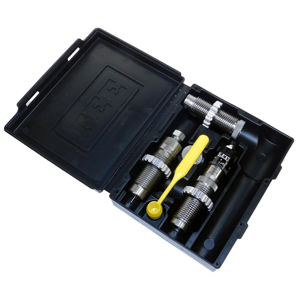 primary-39562 Lee 308 Winchester Pacesetter 3-Die Set, three metal dies and yellow tools in an open black case
