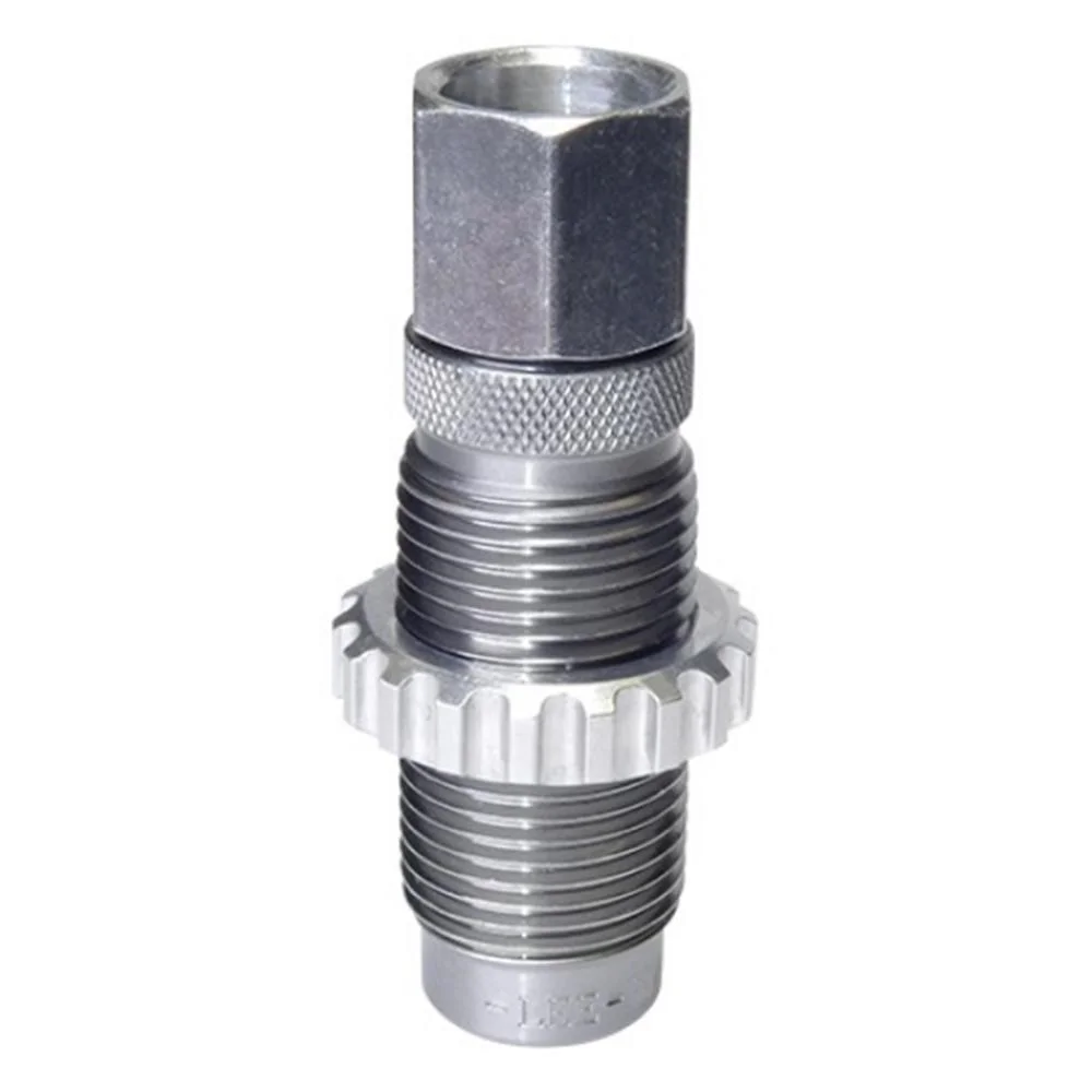 primary-39574 Lee Powder Through Expanding Die, silver front view with threaded body and knurled ring