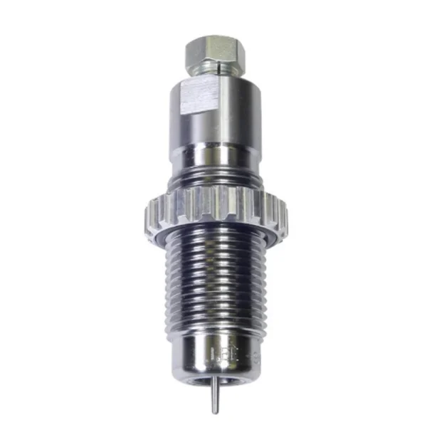 Lee Carbide Sizer Die, polished silver die with threaded body in front view