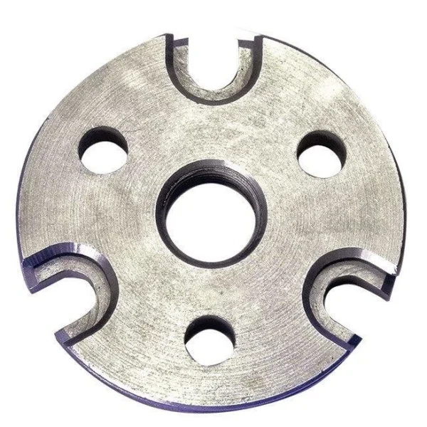 Lee Pro 1000 Shell Plate #7, top view of round silver plate with center hole and edge slots