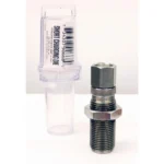 Lee Short Charging Die, silver threaded die beside a clear plastic storage tube