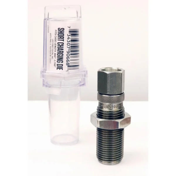 Lee Short Charging Die, silver threaded die beside a clear plastic storage tube