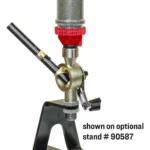 Lee Deluxe Perfect Powder Measure, side view with clear hopper, red collar, handle and black stand