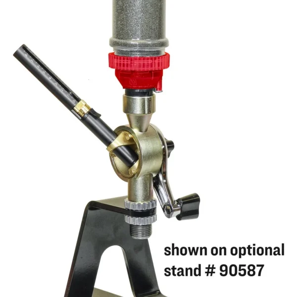 Lee Deluxe Perfect Powder Measure, side view with clear hopper, red collar, handle and black stand