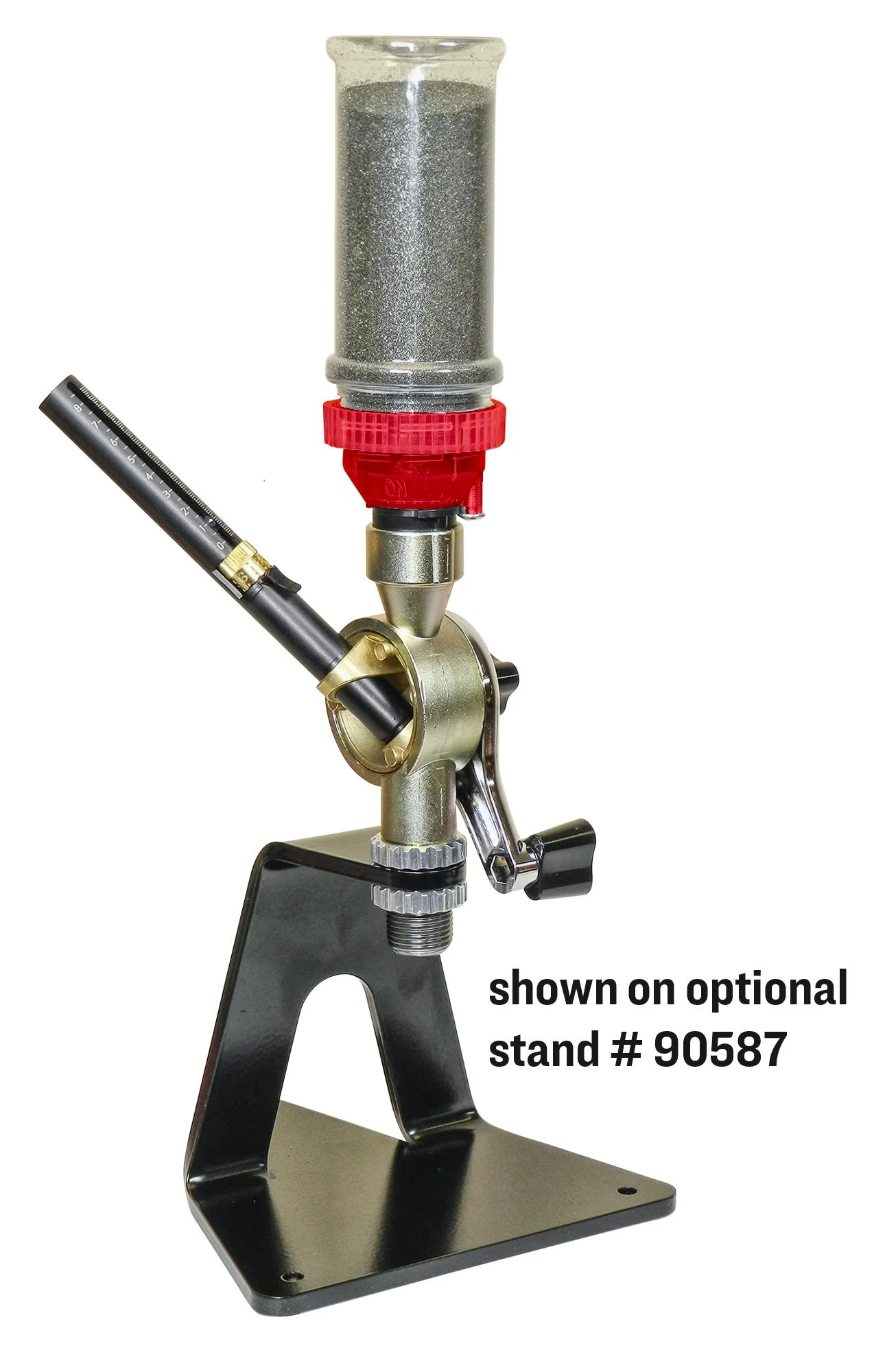 primary-39642 Lee Deluxe Perfect Powder Measure, side view with clear hopper, red collar, handle and black stand