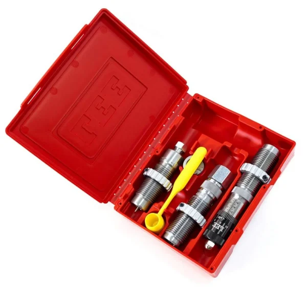 Lee 38-55 Micrometer Full Length 3-Die Set, silver dies and yellow tool in open red case