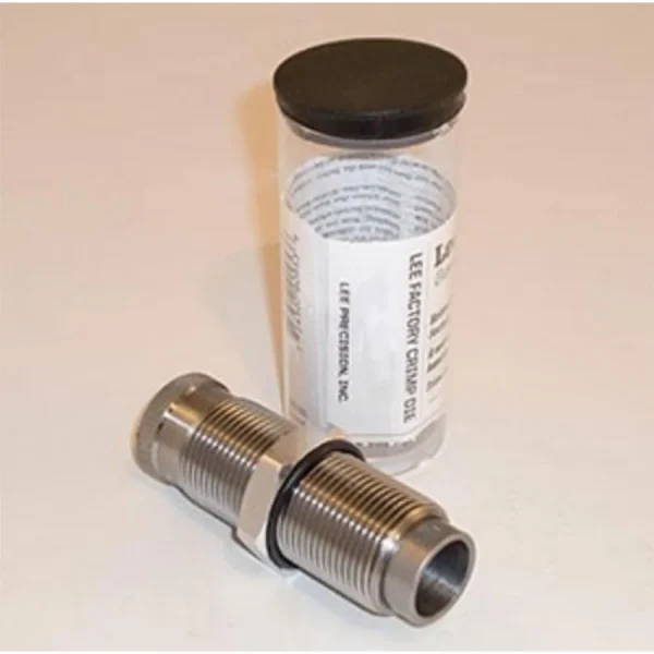 Lee Large Series Factory Crimp Rifle Die, metal die beside clear storage tube with black cap