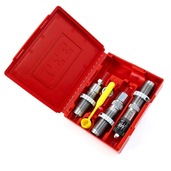 Lee 38-40 Micrometer Full Length 3-Die Set in an open red plastic case with yellow tool