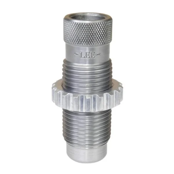Lee Taper Crimp Die 10mm, silver metal die with knurled top and threaded body, front view