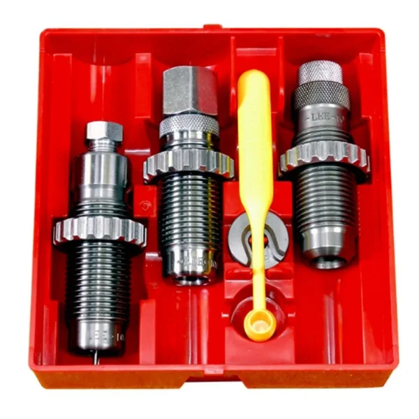 Lee 3-Die Steel Handgun Die Set 429 Desert Eagle, top view in red case with three dies and tools