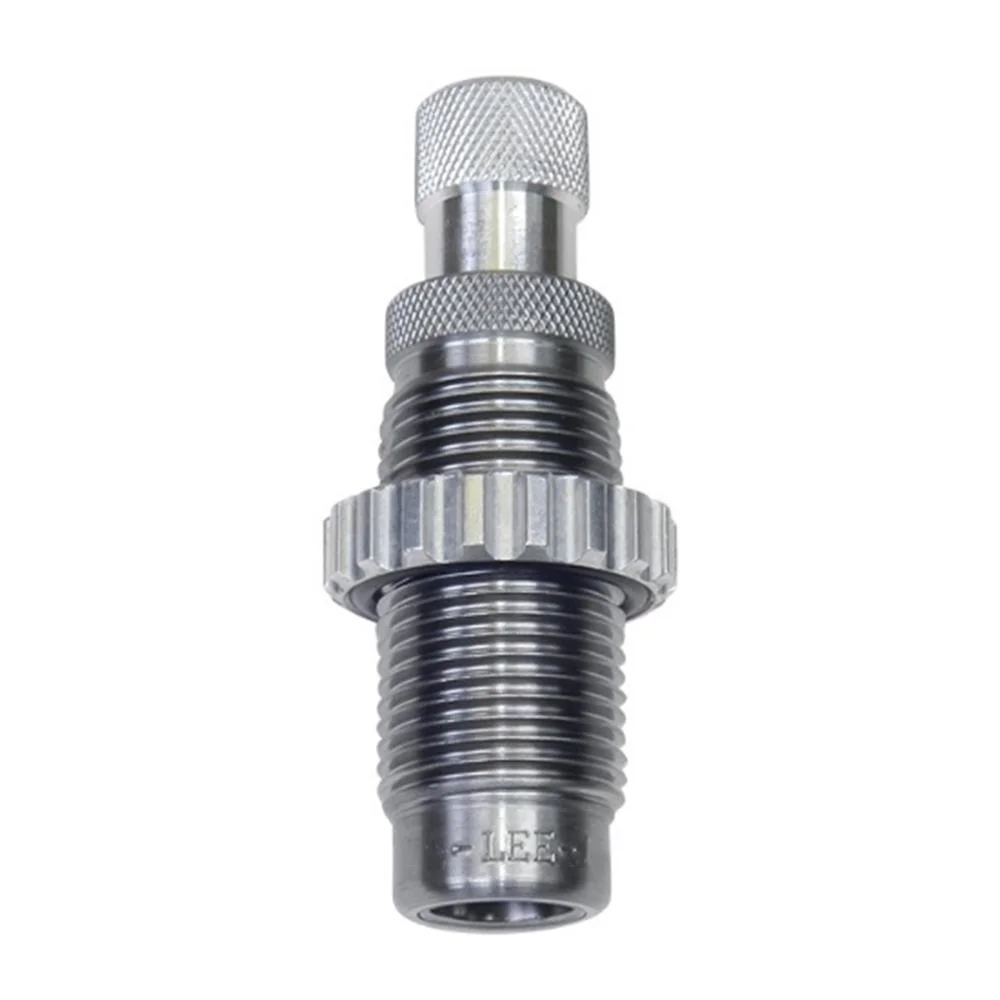primary-39719 Lee Factory Pistol Crimp Die, upright silver die with knurled cap and threaded body