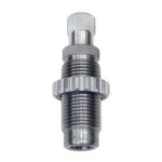 Lee Factory Pistol Crimp Die, close-up front view of silver threaded die with knurled rings