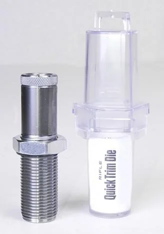 Lee Quick Trim Die .224 Valkyrie, silver die beside clear plastic storage tube