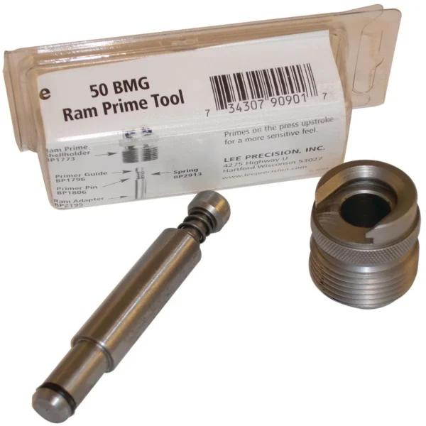 Lee 50 BMG Ram Prime, metal priming tool parts displayed in front of labeled plastic case
