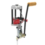 Lee Pro 4000 Press Only, front view of gray and red reloading press with black lever and wood handle