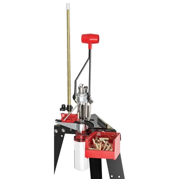 Lee Automatic Processing Single Stage Press, angled view with red handle, bin and black stand