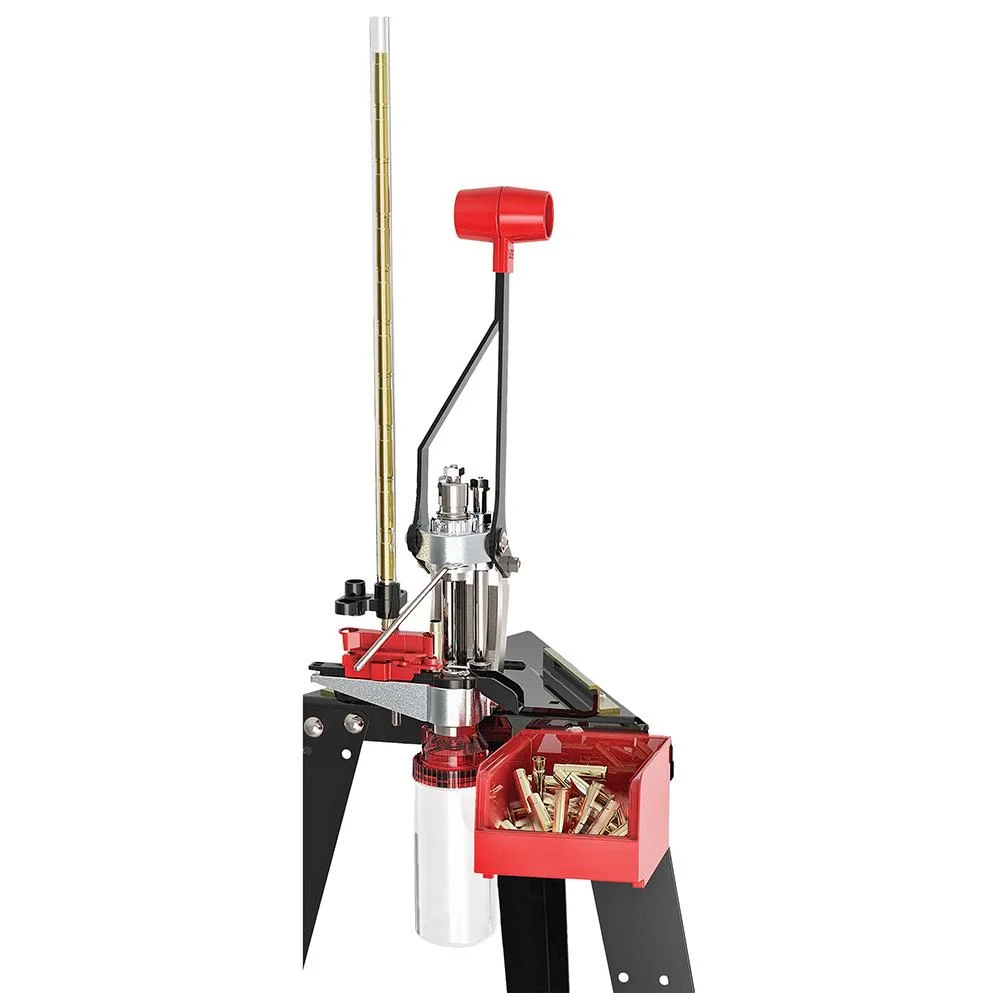 primary-39752 Lee Automatic Processing Single Stage Press, angled view with red handle, bin and black stand