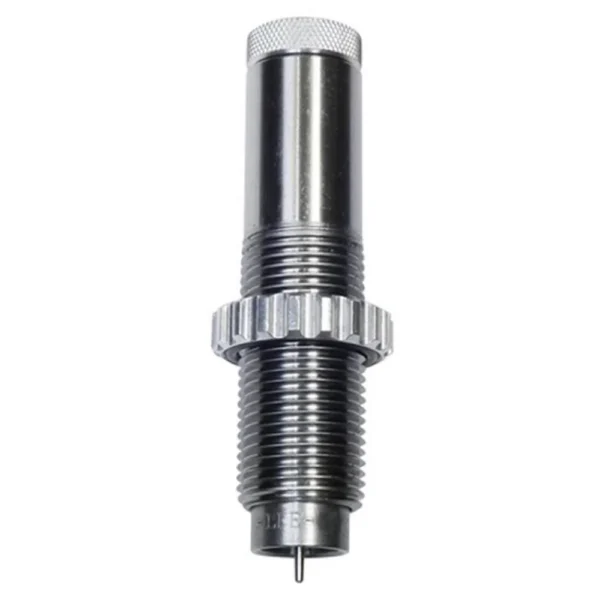 Lee Collet Neck Sizer Die, silver metal reloading die shown upright