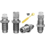 Lee Carbide Deluxe Pistol 4-Die Set, four silver dies with yellow scoop and small accessory