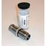 Lee Large Series Factory Crimp Die, silver threaded die beside a clear storage tube, angled view