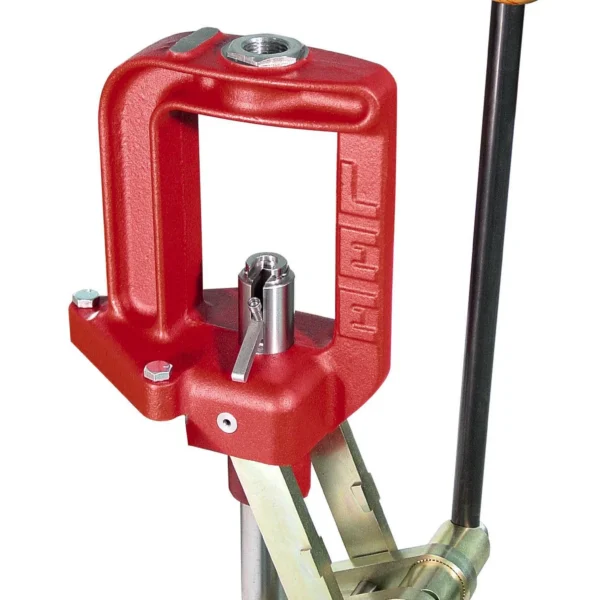 Lee Classic Cast Single Stage Press, red press with black lever and wood ball handle