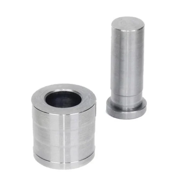Lee Bullet Sizer & Punch, silver sizing die and cylindrical punch shown upright