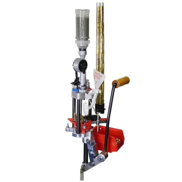 Lee 9mm Luger Pro 4000 Progressive Press Kit, upright red and silver press with tubes and lever
