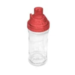 Lee Powder Measure Bottle Adapter, clear bottle with red threaded cap, front view