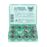 Lee X-Press Shell Holder Set, top view of multiple metal holders in an open translucent green case