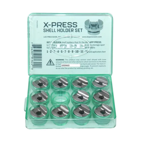Lee X-Press Shell Holder Set, top view of multiple metal holders in an open translucent green case