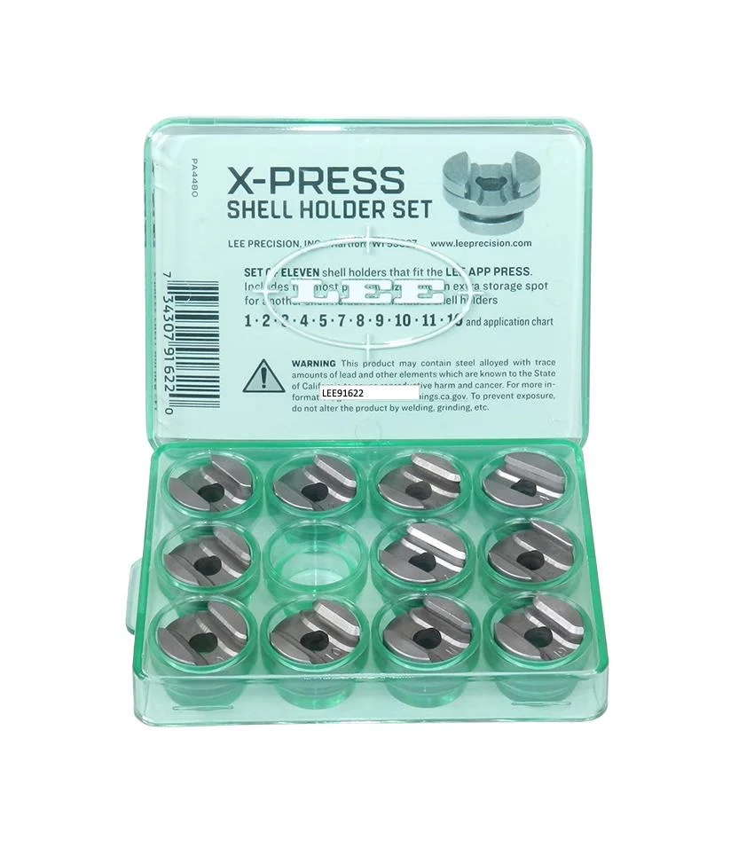 primary-39820 Lee X-Press Shell Holder Set, top view of multiple metal holders in an open translucent green case