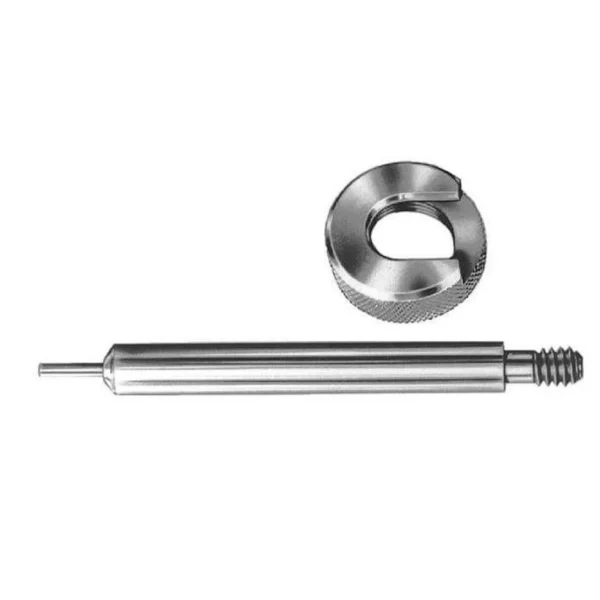 Lee Custom Case Length Gauge, silver gauge rod and round shell holder on white