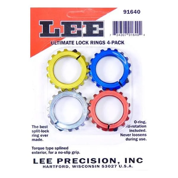 LEE Ultimate Lock Rings, four yellow, blue, silver and red rings in retail packaging