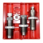 Lee Pacesetter 3-Die Set, top view of three metal dies in an open red plastic case