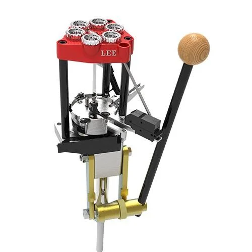 Lee Pro 6000 Six Pack Reloading Press, front view with red turret and wood-handled lever