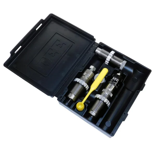 Lee 6.5 Creedmoor Pacesetter 3-Die Set, open black case with silver dies and yellow tool