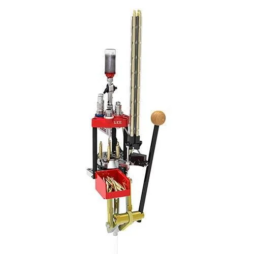 Lee Six Pack Pro Kit, angled view of red press with case feeder and black handle